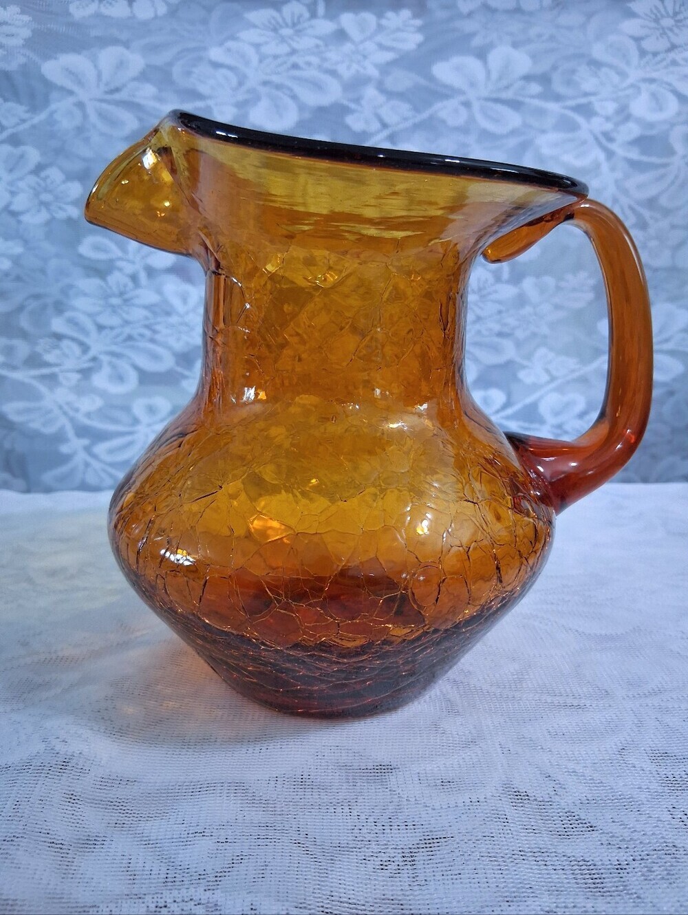 Vintage Mid-Century Amber Art Glass Pitcher Crackle Finish Medium Size MCM - Picture 12 of 16